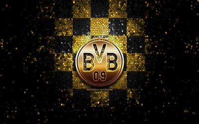 Borussia Dortmund FC, glitter logo, Bundesliga, yellow black checkered background, soccer, BVB, german football club, Borussia Dortmund logo, mosaic art, football, Germany, Borussia Dortmund