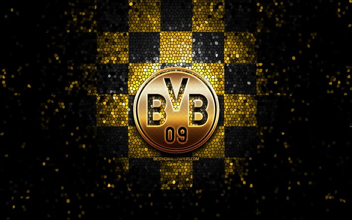 Borussia Dortmund FC, glitter logotyp, Bundesliga, gul-svart rutig bakgrund, fotboll, BVB, tysk fotboll club, Borussia Dortmund logotyp, mosaik konst, Tyskland, Borussia Dortmund
