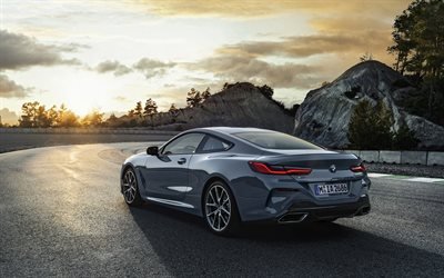 BMW 8 Series Coupe, 2019, M850i xDrive, rear view, luxury sports coupe, exterior, new gray 8er, German cars, evening, road, sunset, BMW