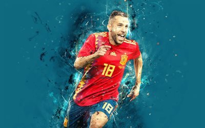4k, Jordi Alba, soyut sanat, İspanya Milli Takımı, fan sanat, Alba, futbol, futbolcular, neon ışıkları, İspanyol futbol takımı