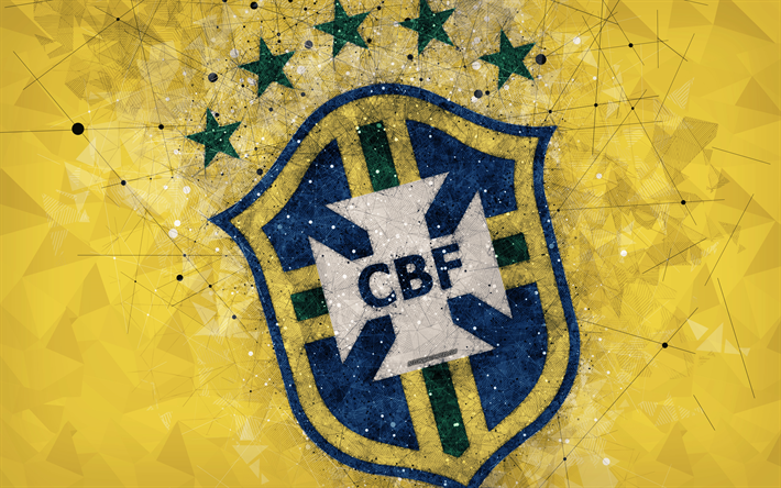 Brasiliens herrlandslag i fotboll, 4k, geometriska art, logotyp, gul abstrakt bakgrund, emblem, Brasilien, fotboll, grunge stil, kreativ konst