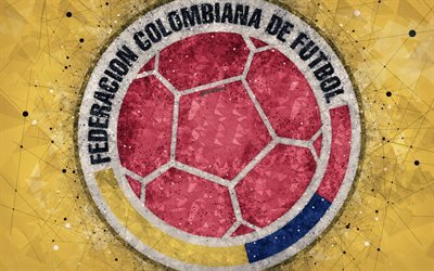 Kolombiya Milli Futbol Takımı, 4k, geometrik sanat, logo, sarı soyut arka plan, amblem, Kolombiya, futbol, grunge, stil, yaratıcı sanat