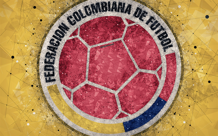 Colombia national football team, 4k, geometric art, logo, yellow abstract background, emblem, Colombia, football, grunge style, creative art