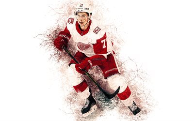 Dylan Larkin, Detroit Red Wings, arte, 4k, American jugador de hockey, el arte de la pintura, salpicaduras, estilo grunge, NHL, estados UNIDOS, pintura, Liga Nacional de Hockey
