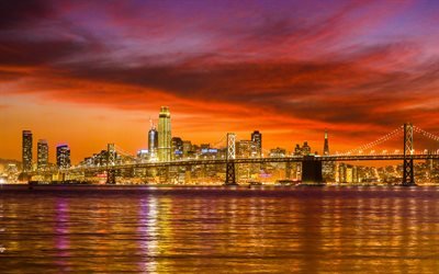 San Francisco, le panorama, le Golden Gate Bridge, gratte-ciel, coucher de soleil, USA, Am&#233;rique du