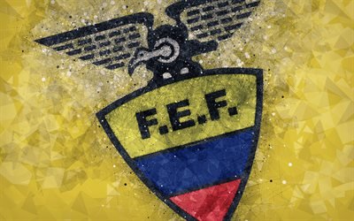 Ecuador landslaget, 4k, geometriska art, logotyp, gul abstrakt bakgrund, Emblem, Ecuador, fotboll, grunge stil, kreativ konst