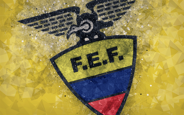 Ecuadorin jalkapallomaajoukkue, 4k, geometrinen taide, logo, keltainen abstrakti tausta, Tunnus, Ecuador, jalkapallo, grunge-tyyliin, creative art