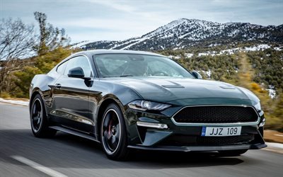 Ford Mustang Bullitt, 2019, green sports coupe, tuning Mustang, front view, American cars, Ford