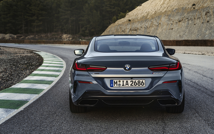 BMW 8 Series, M850i, 2019, rear view, new gray M8, exhaust, exterior, racing track, German sports cars, BMW