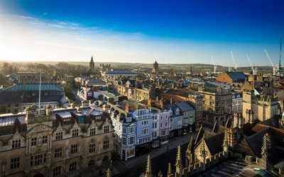 Oxford, panorama city, morgon, soluppg&#229;ng, sommar, England, STORBRITANNIEN, gamla staden