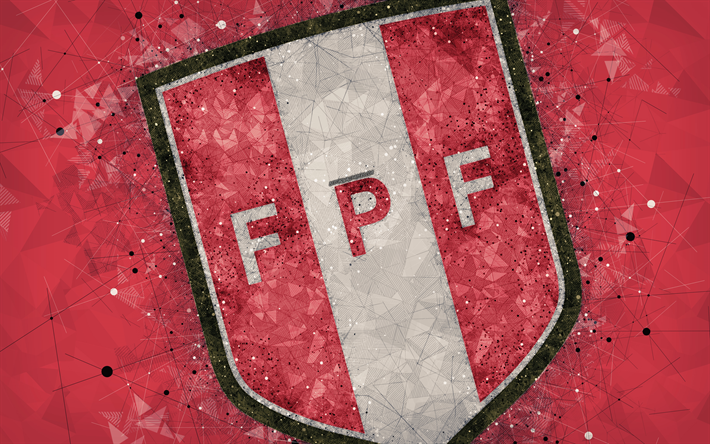 Peru equipa nacional de futebol, 4k, arte geom&#233;trica, logo, vermelho resumo de plano de fundo, emblema, Peru, futebol, o estilo grunge, arte criativa