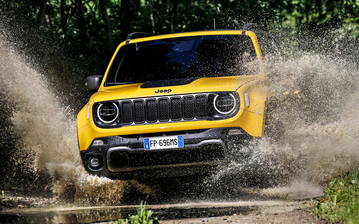 Jeep Renegade Trailhawk, 2018, front view, new yellow Renegade, SUV, American cars, Jeep
