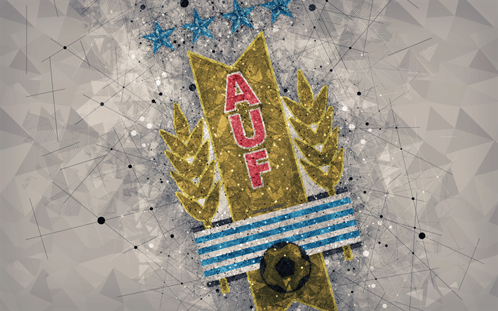 Uruguay national football team, 4k, geometric art, logo, gray abstract background, emblem, Uruguay, football, grunge style, creative art