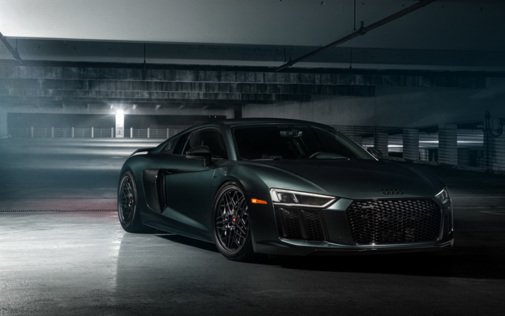 Audi R8, 2018, V10, exterior, dark green sports coupe, side view, tuning, green P8, German sports cars, Vossen wheels, Audi