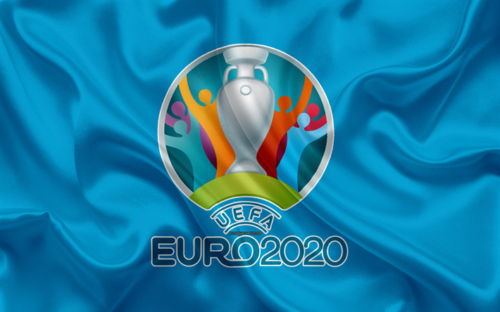 UEFA Euro 2020, logo, 4k, silk texture, emblem, blue silk flag, European Football Championship 2020, 12 countries