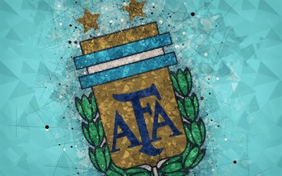 argentinien fu&#223;ball-nationalmannschaft, 4k, geometrische kunst, logo, blau abstrakten hintergrund, emblem, argentinien, fu&#223;ball, grunge, stil, kreative kunst