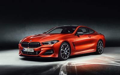 BMW 8 Series Coupe, 2019, orange sports coupe, front view, new orange M8, German sports cars, BMW