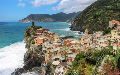 Vernazza, rocks, sea, coast, Cinque Terre, Mediterranean Sea, Italy, mountain landscape, tourism