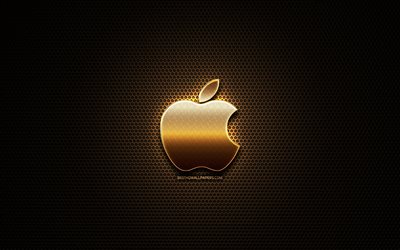 Apple glitter logo, creative, metal grid background, Apple logo, brands, Apple