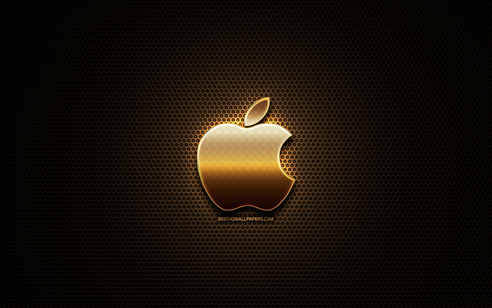 Apple glitter-logo, luova, metalli ruudukon tausta, Apple-logo, merkkej&#228;, Apple