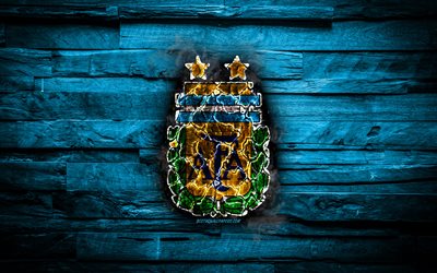 Argentina, burning logo, Conmebol, blue wooden background, grunge, South America National Teams, football, Argentinean soccer team, soccer, Argentina national football team