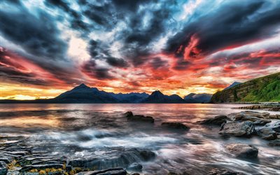 beautiful lake, mountain landscape, sunset, evening, mountains, coast, Iceland
