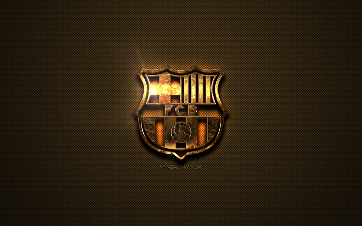 FC Barcelona, con el logotipo de oro, club de f&#250;tbol espa&#241;ol, de oro con el emblema de Barcelona, Catalu&#241;a, Espa&#241;a, La Liga, de oro de fibra de carbono, la textura, el f&#250;tbol, el Barcelona logotipo