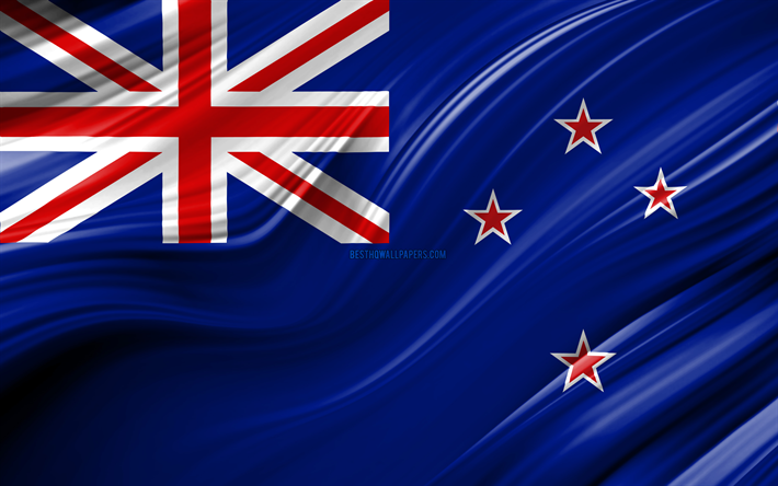 4k, New Zealand flag, Oceanian countries, 3D waves, Flag of New Zealand, national symbols, New Zealand 3D flag, art, Oceania, New Zealand