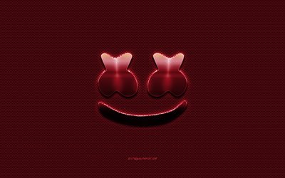 Marshmello logo, rouge, logo en m&#233;tal, rouge m&#233;tal mesh, Christopher Comstock, American DJ, art cr&#233;atif, Marshmello, embl&#232;me, marques
