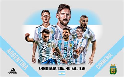 Argentina equipa nacional de futebol, os l&#237;deres de equipe, CONMEBOL, Argentina, Am&#233;rica Do Sul, futebol, logo, emblema, Lionel Messi, Sergio Leonel Aguero, Paulo Dybala, Lautaro Martinez
