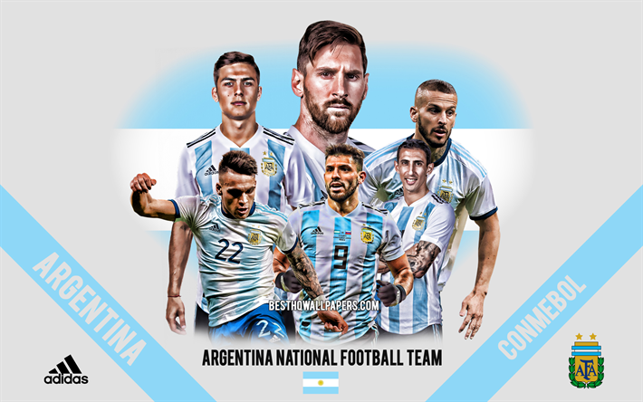Argentina equipo nacional de f&#250;tbol, l&#237;deres de equipo, la CONMEBOL, Argentina, Am&#233;rica del Sur, f&#250;tbol, logotipo, emblema, Lionel Messi, Sergio Leonel Ag&#252;ero, Paulo Dybala, Lautaro Mart&#237;nez