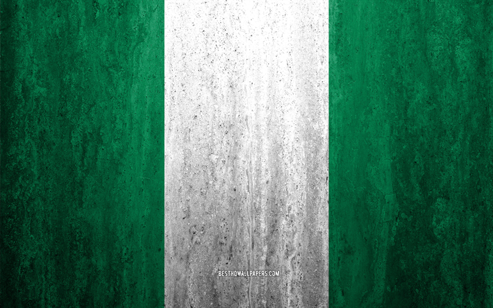 Nijerya bayrağı, 4k, taş arka plan, grunge bayrak, Afrika, Nijerya, bayrak, grunge sanat, ulusal semboller, taş doku
