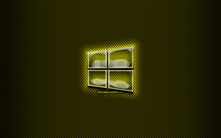 Download wallpapers Windows 10 glass logo, yellow background, OS ...