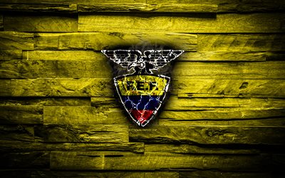 Ecuador, burning logo, Conmebol, yellow wooden background, grunge, South America National Teams, football, Ecuadorian soccer team, soccer, Ecuador national football team