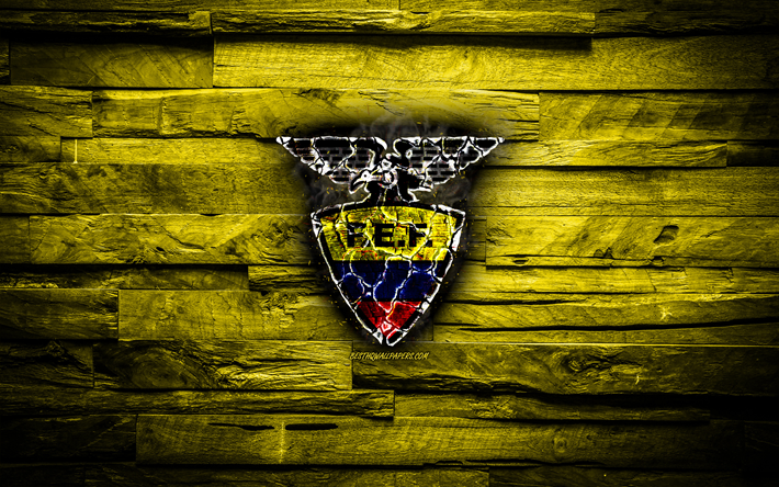Ecuador, polttava logo, Conmebol, keltainen puinen tausta, grunge, Etel&#228;-Amerikan Maajoukkueiden, jalkapallo, Ecuadorin jalkapallo joukkue, Ecuadorin jalkapallomaajoukkue