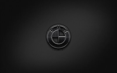 BMWblack logo, creative, cars brands, metal grid background, BMW logo, brands, BMW