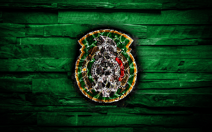 Meksiko, polttava logo, CONCACAF, vihre&#228; puinen tausta, grunge, Pohjois-Amerikan Maajoukkueiden, jalkapallo, Meksikon jalkapallo joukkue, Meksikon jalkapallomaajoukkue