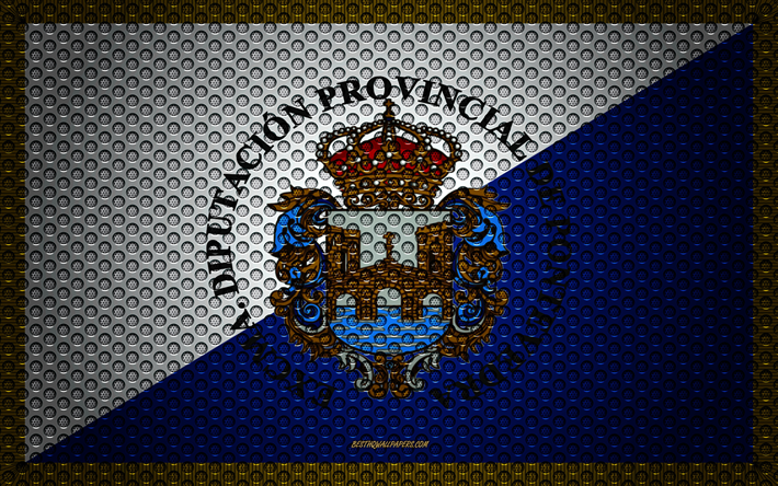 İspanya, Pontevedra, Avrupa Pontevedra bayrağı, 4k, yaratıcı sanat, metal mesh dokusu, Pontevedra bayrak, ulusal sembol, il