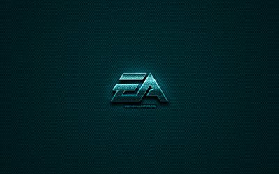EA Games paillettes logo, cr&#233;atif, Electronic Arts, bleu m&#233;tal, fond, EA Games, le logo, les marques, les Jeux EA