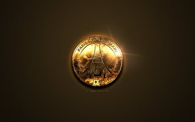 1 Paris Saint-Germain, PSG, altın logo, Fransız Futbol Kul&#252;b&#252;, altın amblem, Paris, Fransa, İzle, altın karbon fiber doku, futbol, PSG logosu