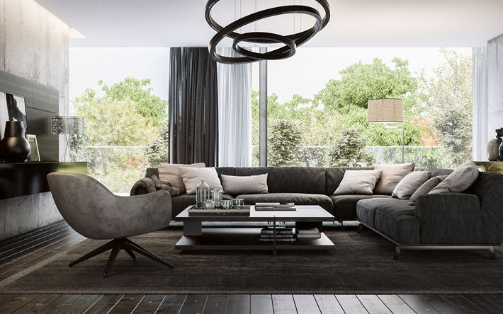 stylish interior design, living room, loft style, gray concrete walls, gray sofas, modern interior design