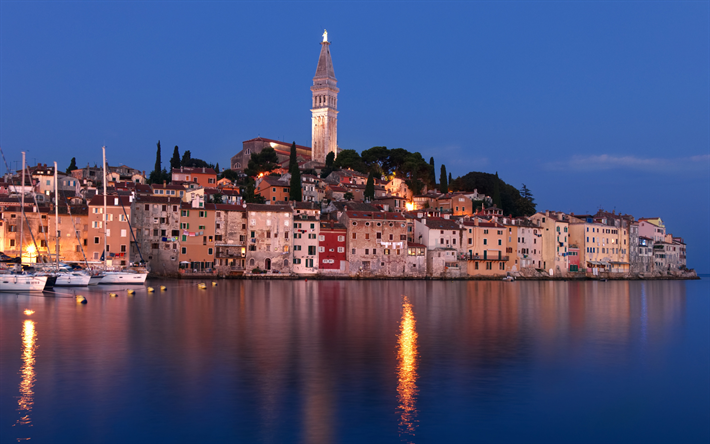 Rovinj, kv&#228;ll, stadsbilden, kusten, havet, Adriatiska Havet, Istrien, Kroatien