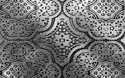 4k, floral metal patterns, close-up, silver metal pattern, metal background, metallic floral pattern, metal patterns, macro, silver backgrounds