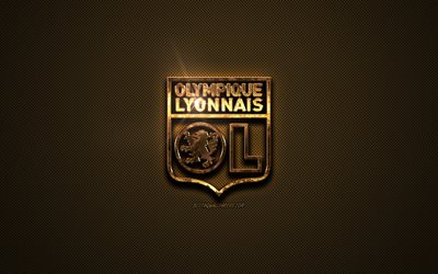 Olympique Lione, golden logo, club di calcio inglese, dorato, emblema, Lione, Francia, Ligue 1, il golden fibra di carbonio trama, il calcio, l&#39;Olympique Lyonnais