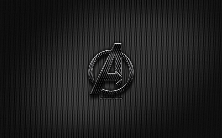 Avengers black logo, creative, metal grid background, Avengers logo, brands, Avengers
