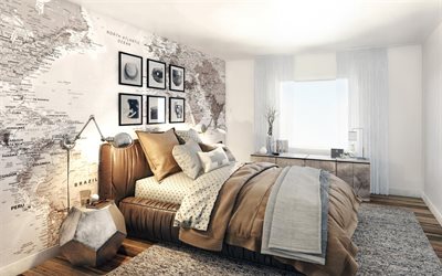 elegante e moderno design d&#39;interni, camera da letto, mappa del mondo sul muro, interni moderni, grandi pelle marrone letto