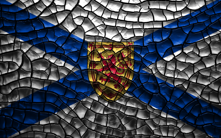 Flag of Nova Scotia, 4k, canadian provinces, cracked soil, Canada, Nova Scotia flag, 3D art, Nova Scotia, Provinces of Canada, administrative districts, Nova Scotia 3D flag, North America