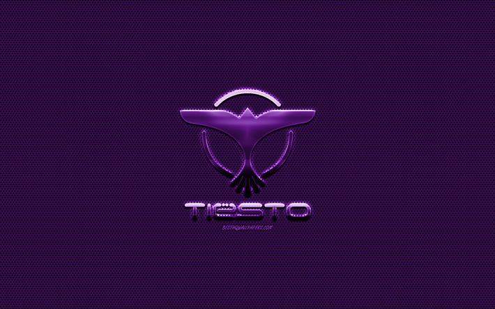Tiesto logo, purple metal logo, purple metal mesh, Dutch DJ, creative art, Tiesto, emblem, brands