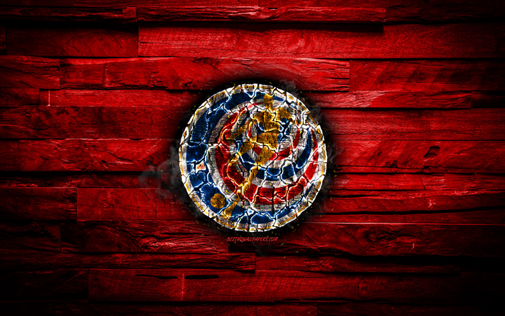 Costa Rica, burning logo, CONCACAF, red wooden background, grunge, North America National Teams, football, Costa Rican soccer team, soccer, Costa Rica national football team