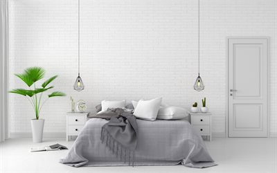 elegante e luminosa camera da letto, design moderno, bianco, muro di mattoni in camera da letto, arredamento